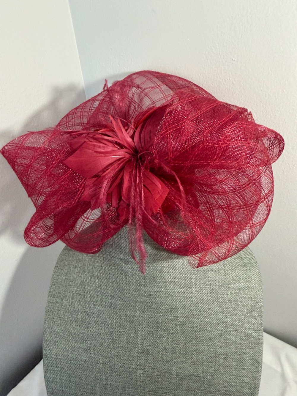 Red Mesh Fascinator Hat with Feather Detail